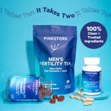 Assortment of Pink Stork men's fertility products on blue background. It takes two - 100% clean + trusted ingredients.