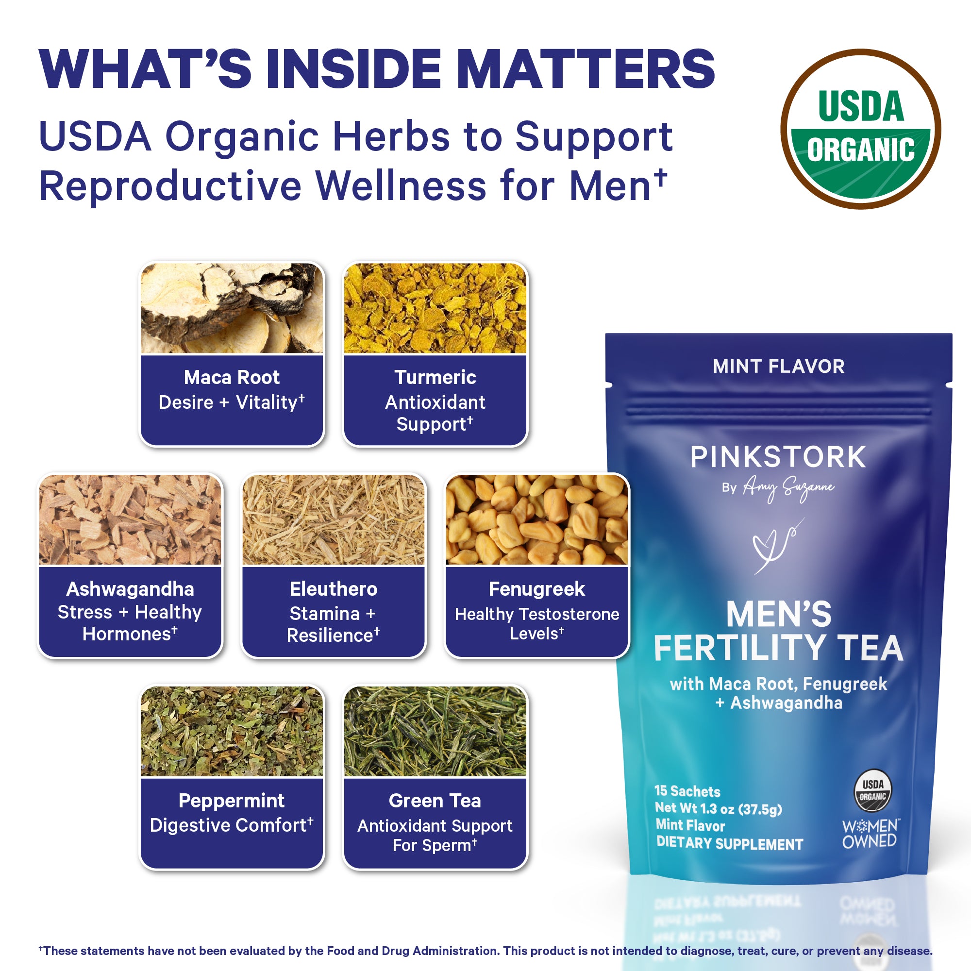 Pink Stork Men’s Fertility Tea with organic maca root, fenugreek, ashwagandha, turmeric, and green tea.