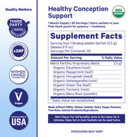 Pink Stork Men’s Fertility Tea supplement facts panel showing organic herbal blend ingredients.
