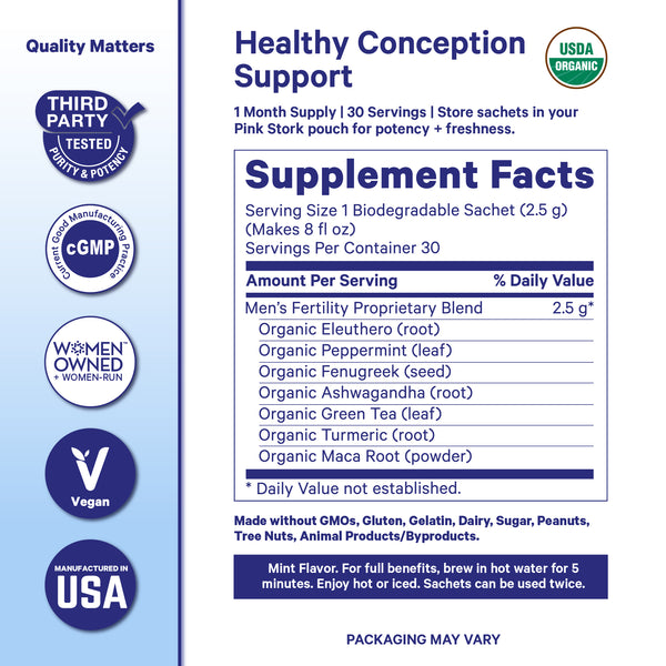 Pink Stork Men’s Fertility Tea supplement facts panel showing organic herbal blend ingredients.
