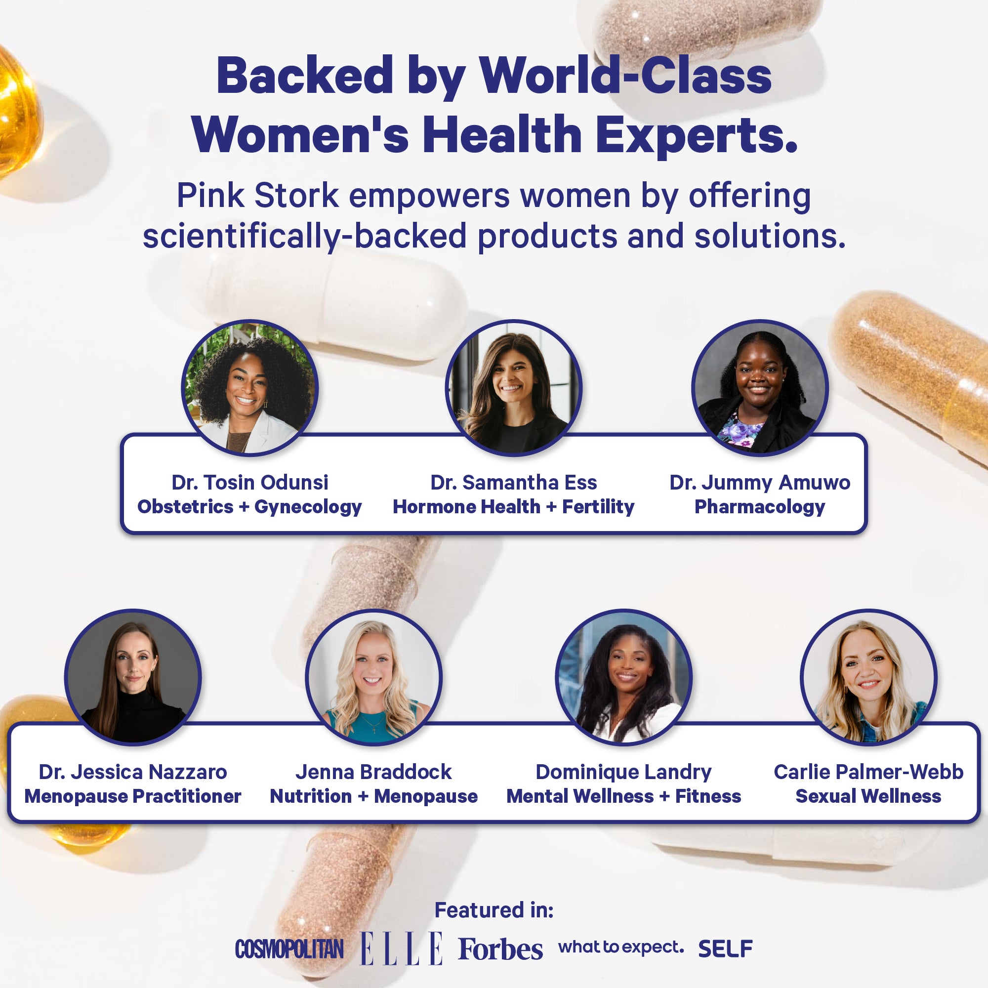 Advertisement featuring six women with their names and expertise, promoting Pink Stork's products and solutions.