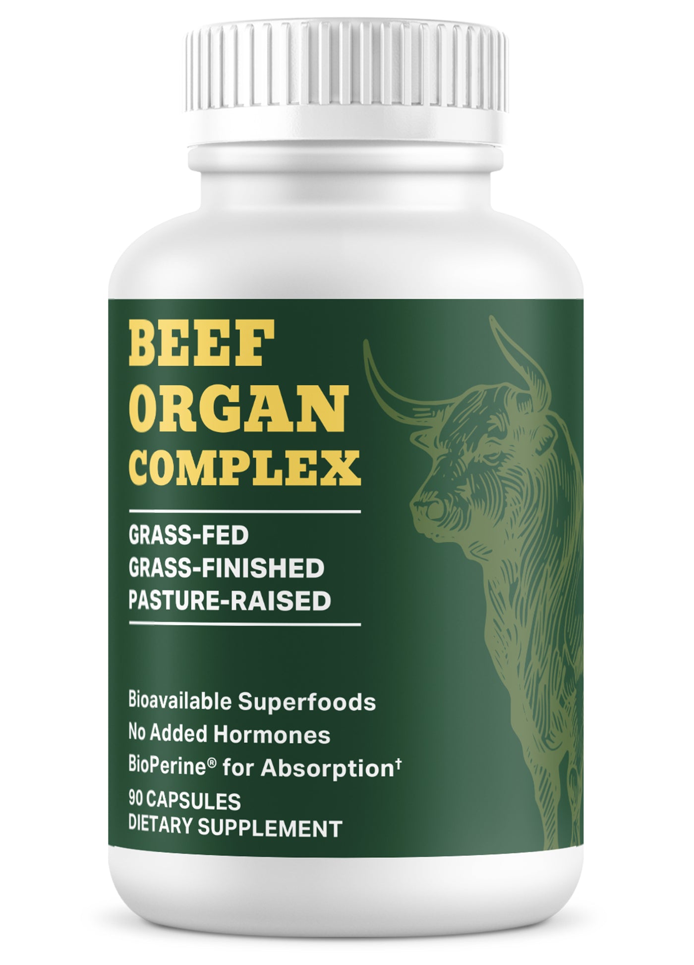 Supplement bottle labeled 'Beef Organ Complex' with green and white design.