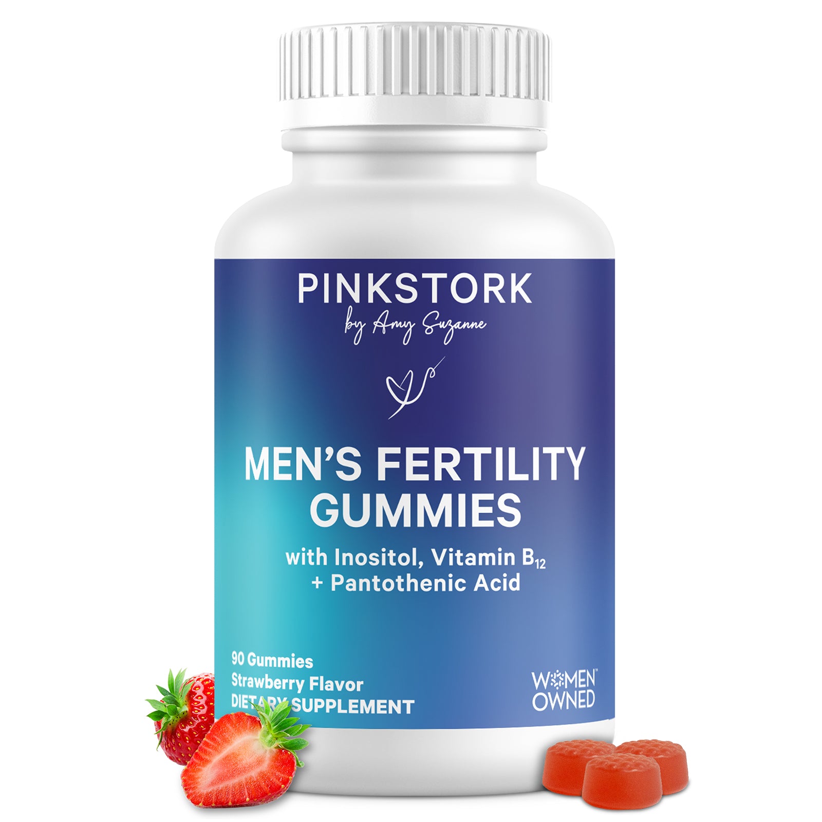 Bottle of Pink Stork Men's Fertility Gummies on a white background