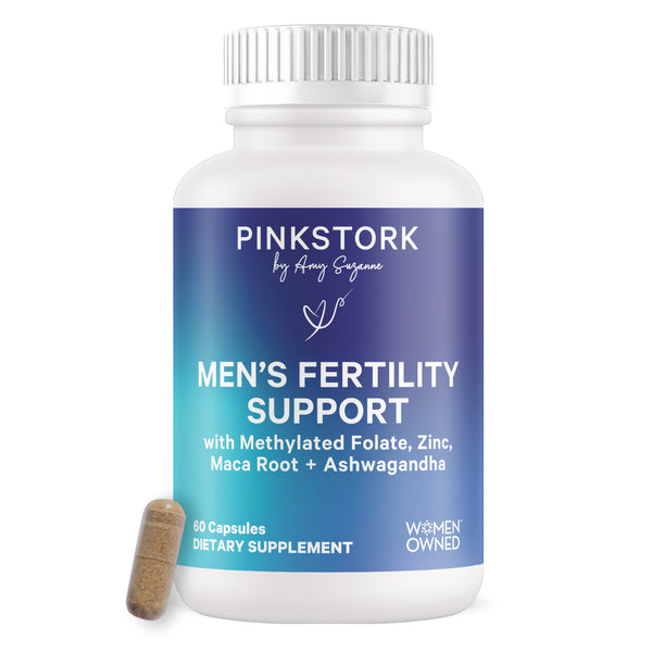 Pink Stork Men’s Fertility Support supplement bottle shown with one capsule on a white background.