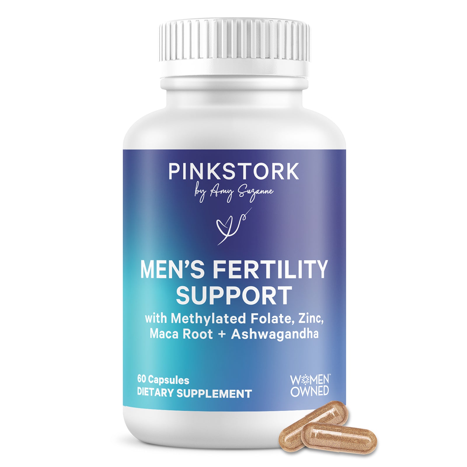 Pink Stork Men’s Fertility Support supplement bottle shown with one capsule on a white background.