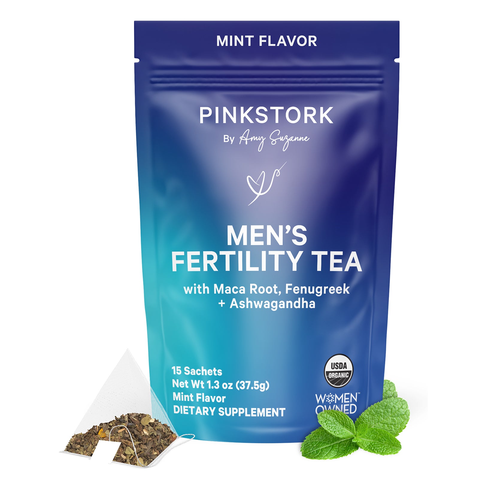 Pink Stork Men's Fertility Tea package with mint flavor on a white background