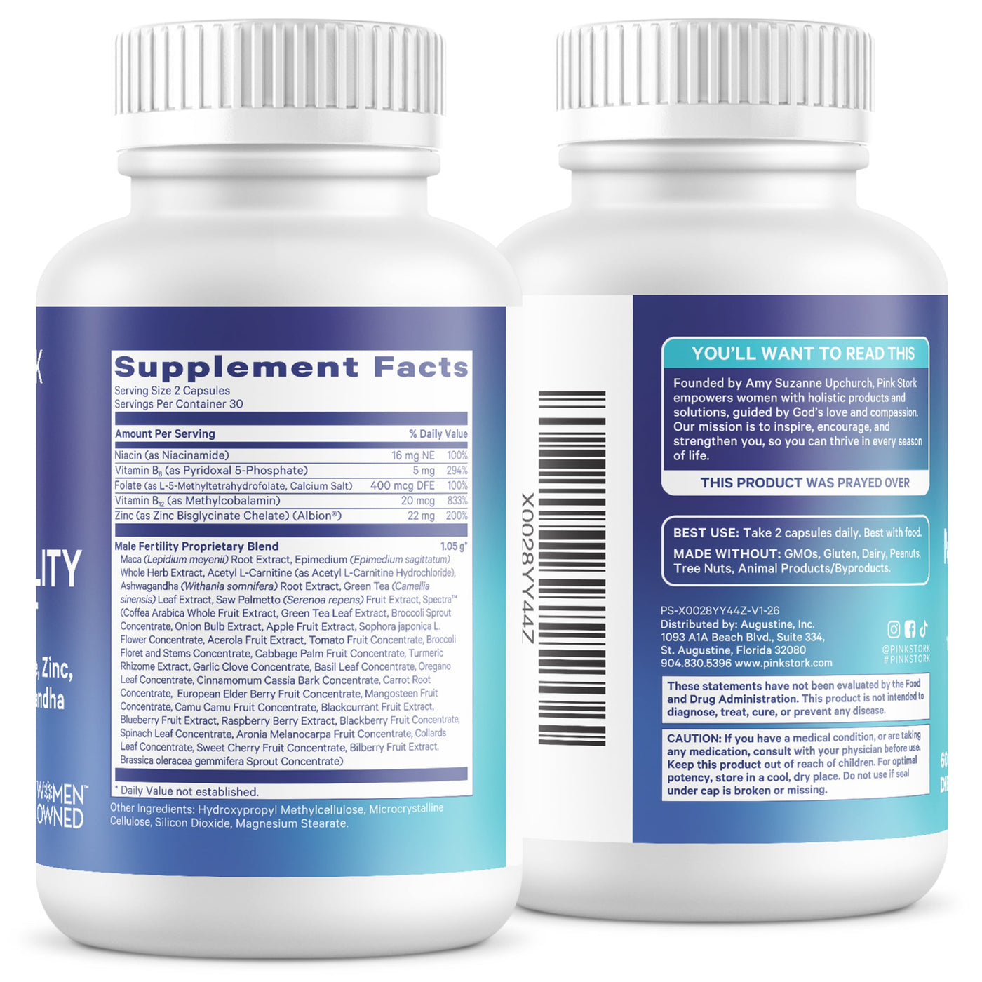 Two supplement bottles with labels showing 'Supplement Facts' and 'Product Description' on a white background.