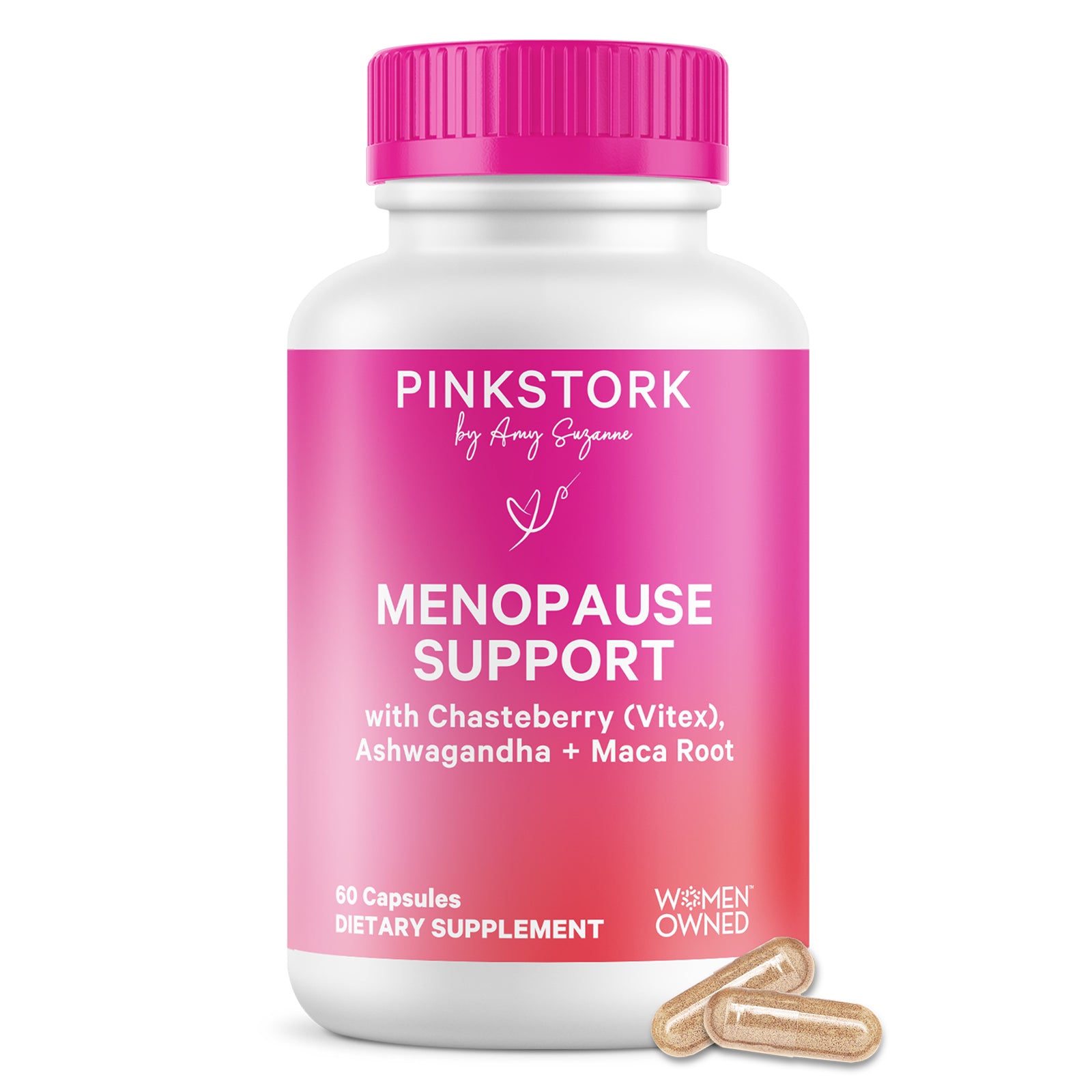 Pink Stork Menopause Support supplement bottle with pink cap and label on a white background