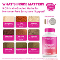 Pink Stork Menopause Support supplement with herbs and size comparison on a white background