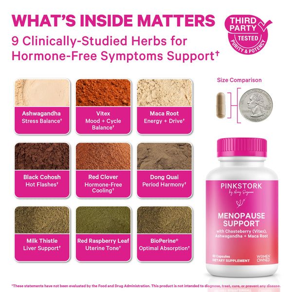 Pink Stork Menopause Support supplement with herbs and size comparison on a white background