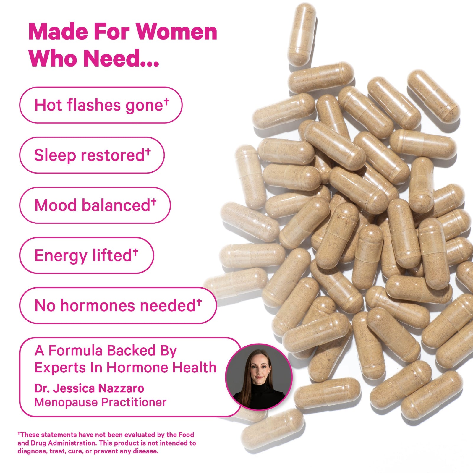Vitamins or supplements for women with health benefits listed, featuring a photo of a woman and text about hormone health.