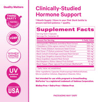 Supplement label with clinical hormone support claims and product details on a pink background