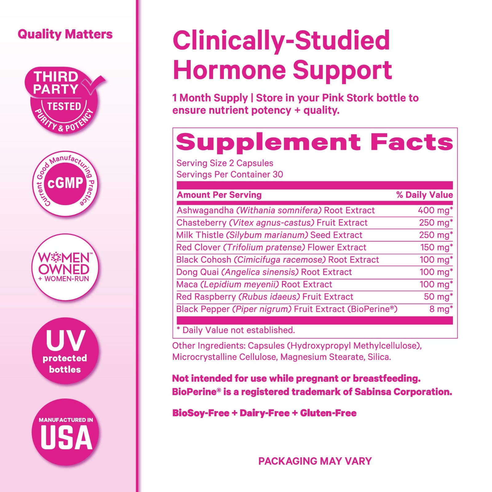 Supplement label with clinical hormone support claims and product details on a pink background