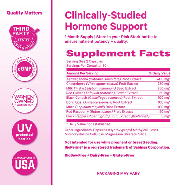 Supplement label with clinical hormone support claims and product details on a pink background