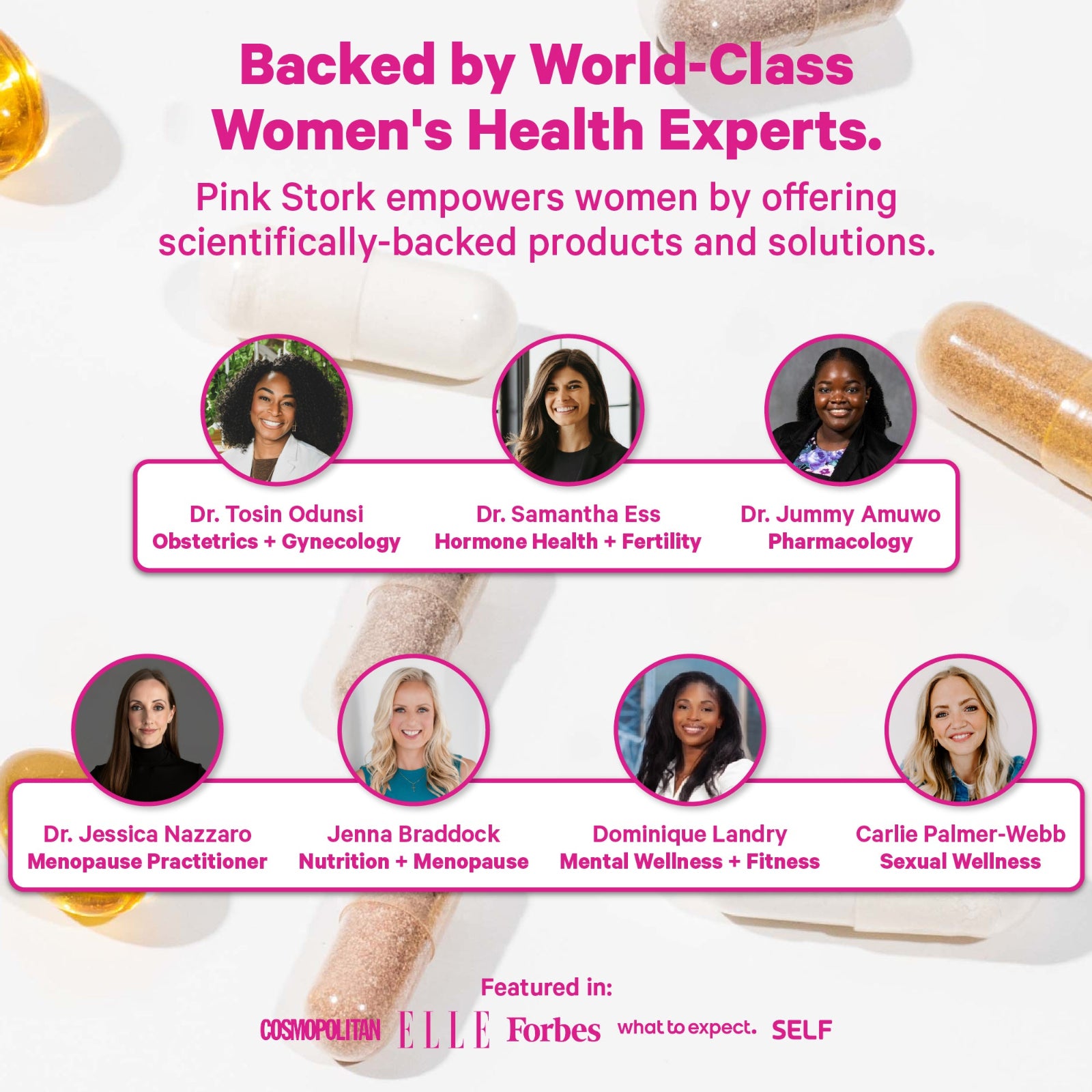 Advertisement featuring world-class women's health experts and Pink Stork branding.