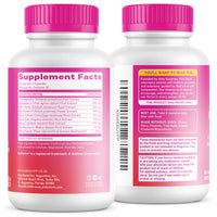 Two supplement bottles with pink caps and labels on a white background