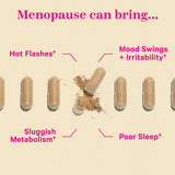 Menopause Support capsules lined up next to each other with on cracked open and spilling out in the middle. Menopause can bring hot flashes, mood swings + irritability, sluggish metabolism, and poor sleep.