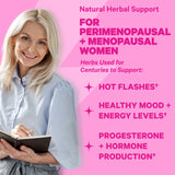 A happy, smiling woman writing in her notebook. Natural Herbal Support for Perimenopausal + Menopausal Women. Herbs used for centuries to support: Hot Flashes, Health Mood + Energy Levels, Progesterone + Hormone Production.