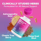 A bottle of Menopause Support with closeups of Ashwagandha Root, Chaste Tree Berry, and Dong Quai Root. 