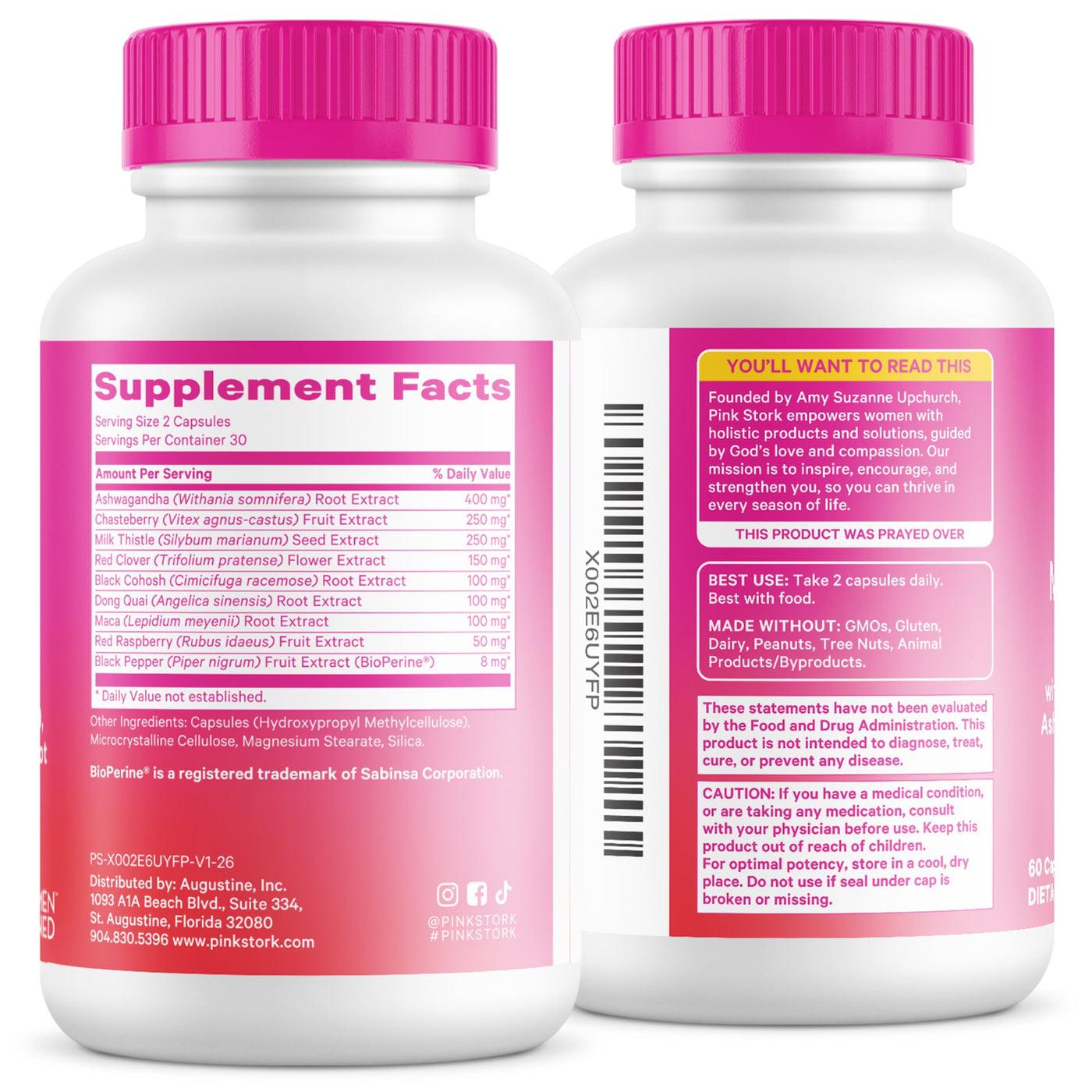 Two supplement bottles with pink caps on white background