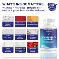 Pink Stork  Men's Fertility Gummies packaging with ingredients and benefits listed on a white background.