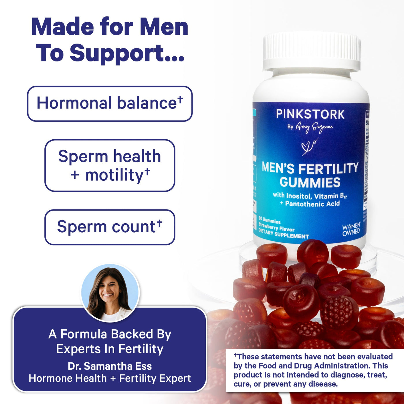 A bottle of Pink Stork Men's Fertility Gummies shown on a white background with marketing text, a bowl of red gummy candies, and a small portrait photo of Dr. Samantha Ess.