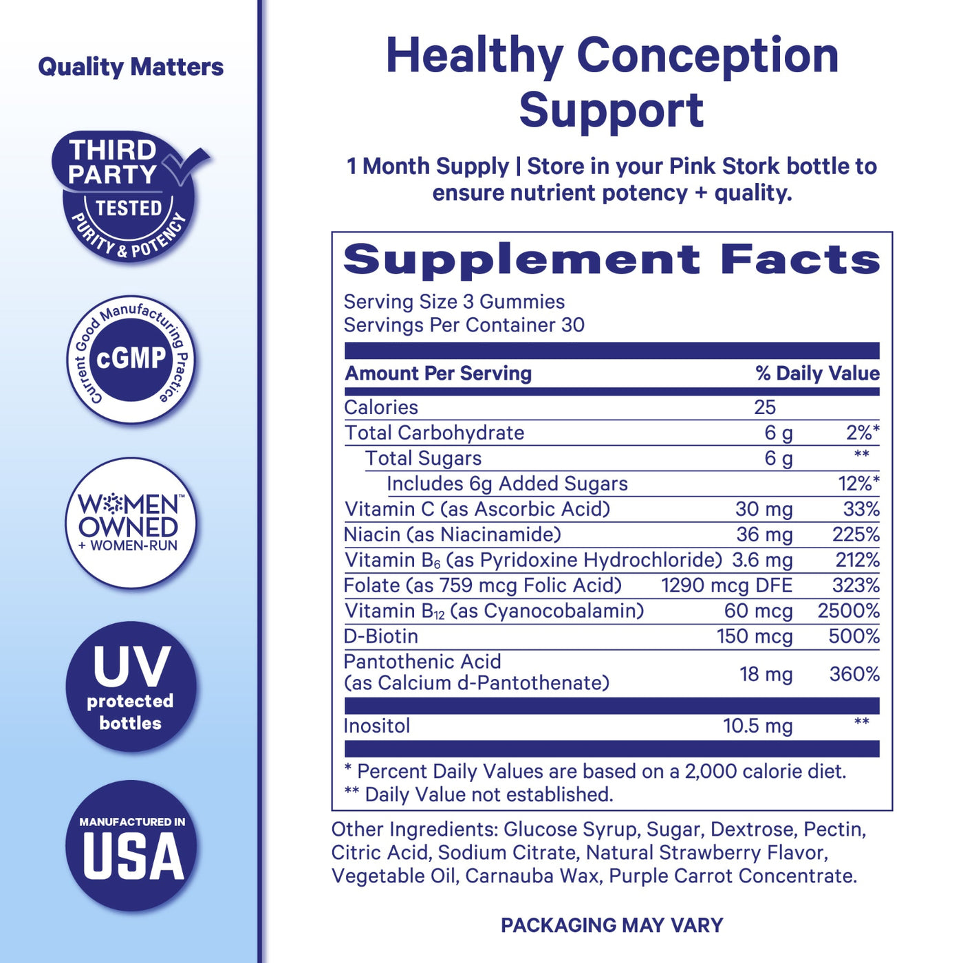 Front of a product package for a supplement called Healthy Conception Support, showing a large Supplement Facts panel with nutrition information and several blue trust badges along the left side on a white background.