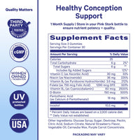 Front of a product package for a supplement called Healthy Conception Support, showing a large Supplement Facts panel with nutrition information and several blue trust badges along the left side on a white background.
