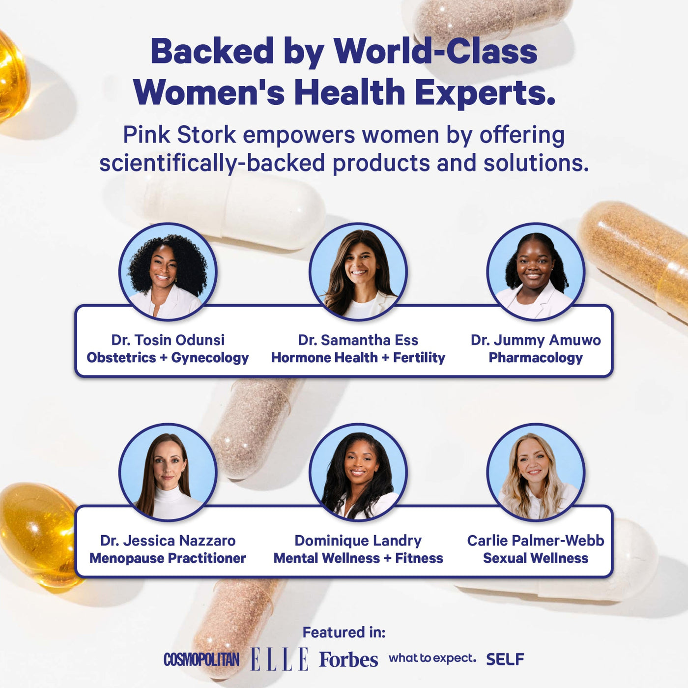 Promotional graphic with the headline 'Backed by World-Class Women's Health Experts.' and text about Pink Stork empowering women.