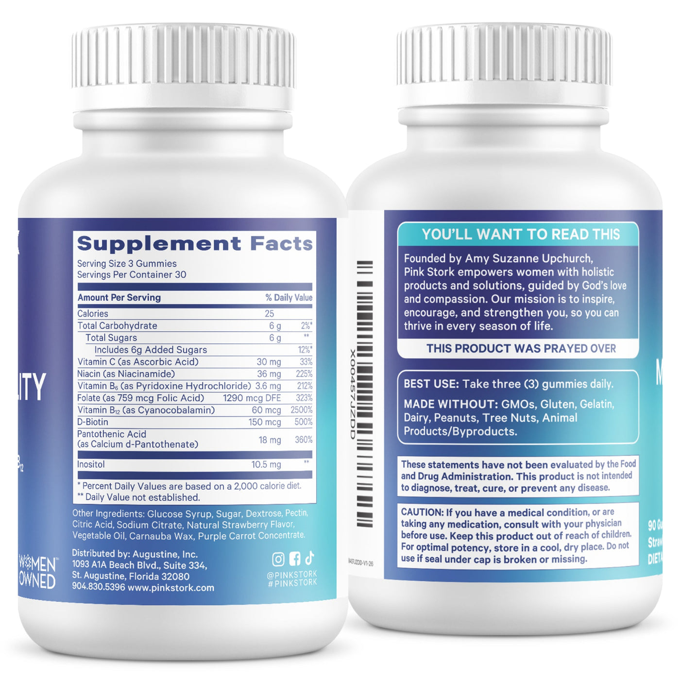 Two white plastic supplement bottles shown side by side, displaying the front and back labels. The bottles feature a clean white and blue color scheme with white caps.
