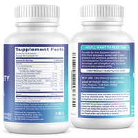 Two white plastic supplement bottles shown side by side, displaying the front and back labels. The bottles feature a clean white and blue color scheme with white caps.