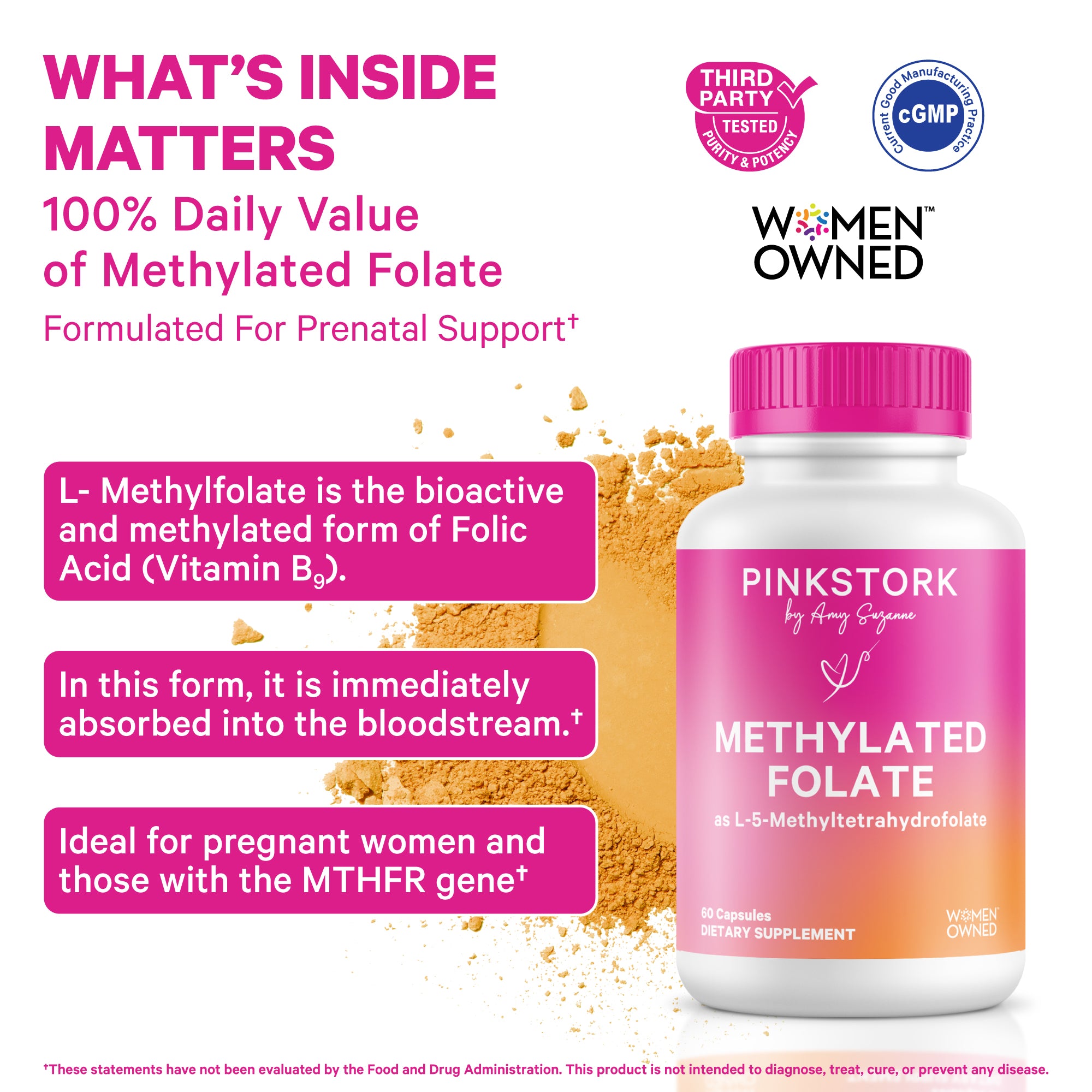 Pink Stork Methylated Folate bottle shown with text explaining methylated folate daily value and prenatal support.
