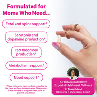 Hand holding a folate capsule with text describing supports.