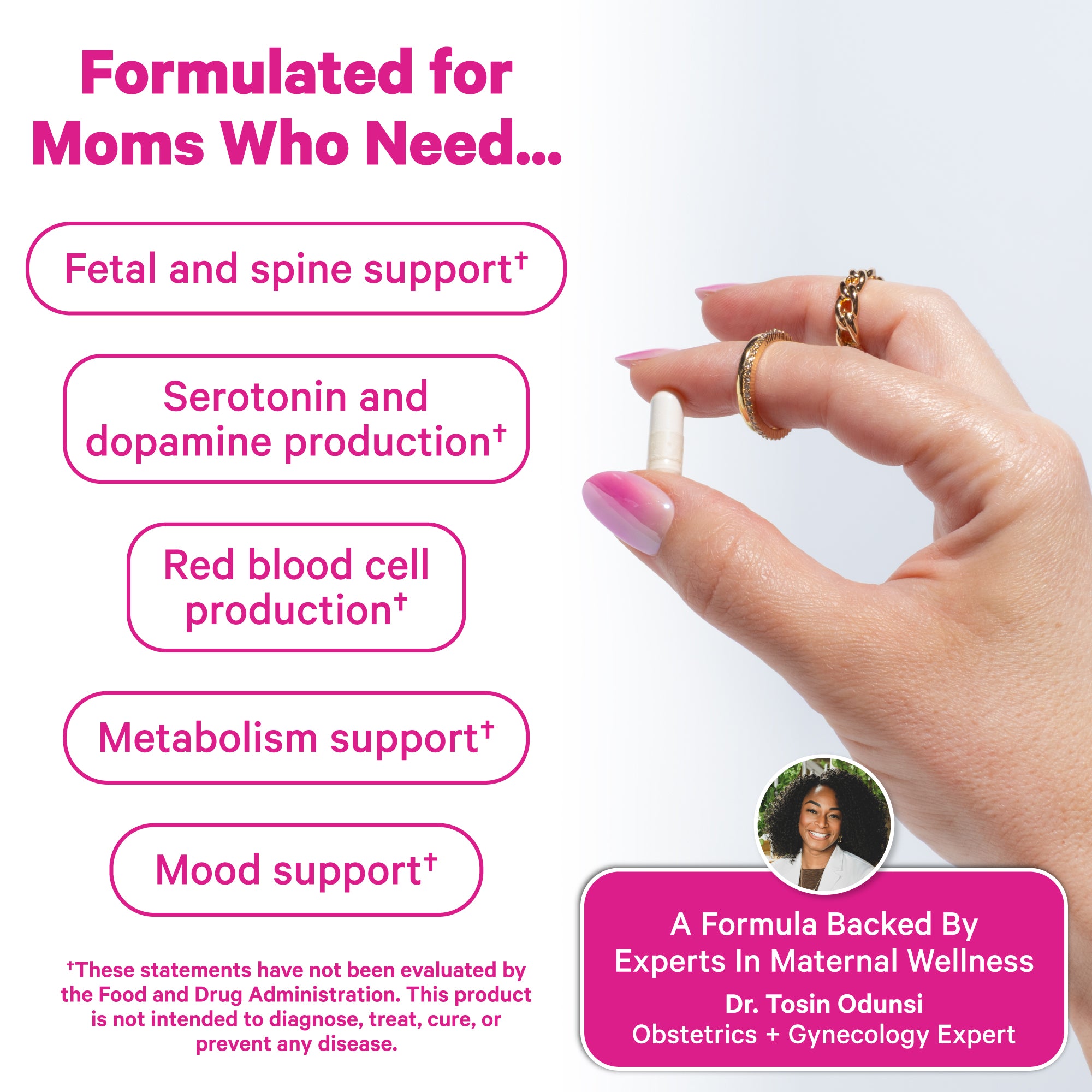 Hand holding a folate capsule with text describing supports.