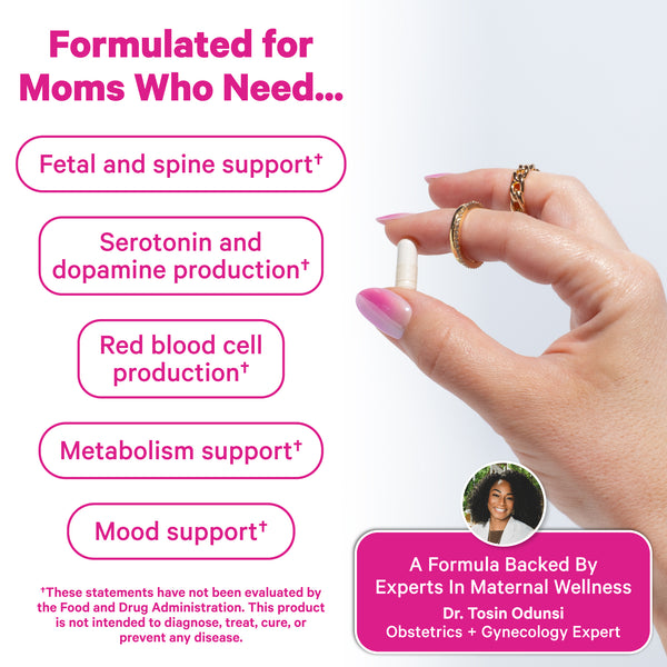 Hand holding a folate capsule with text describing supports.