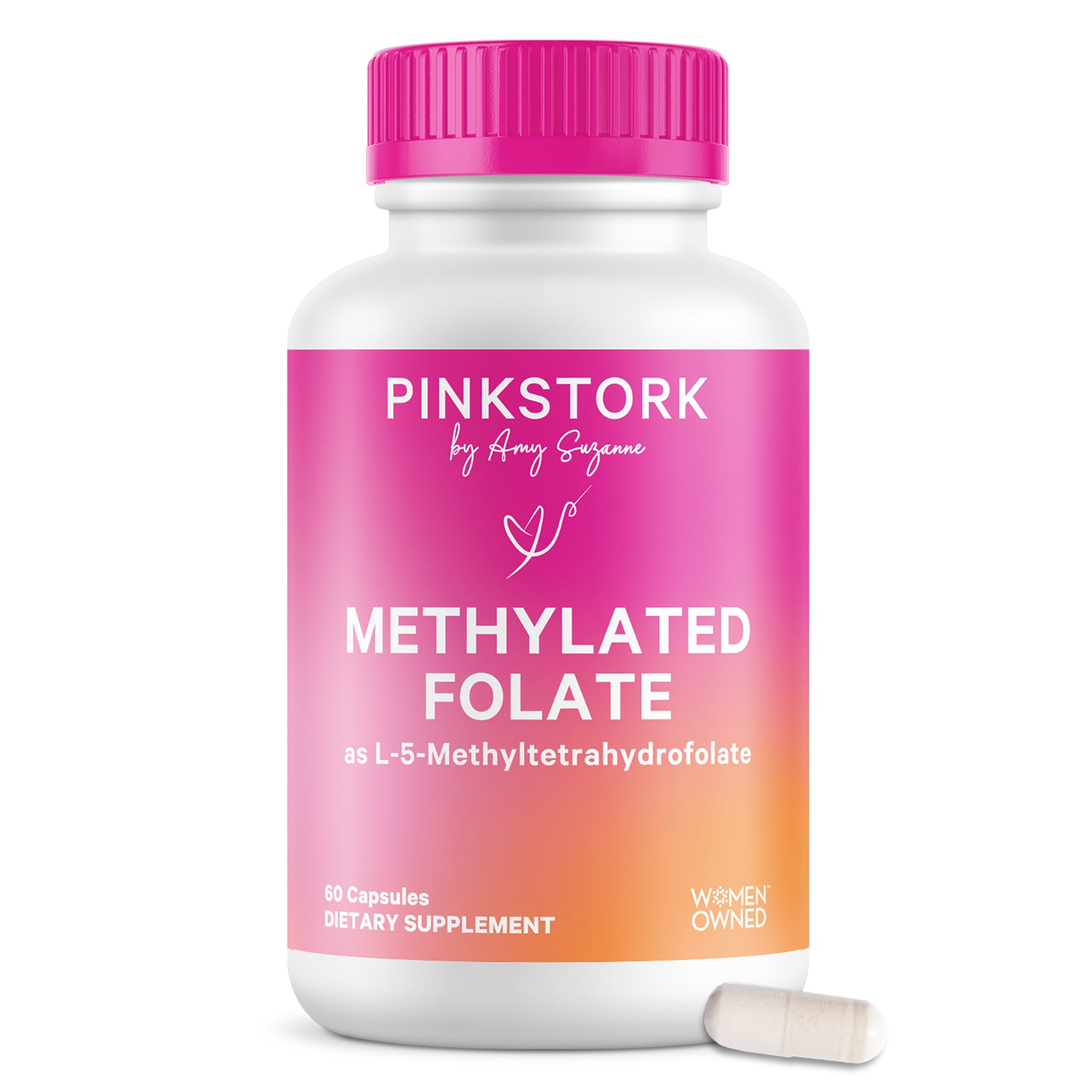Pink Stork Methylated Folate supplement bottle with one capsule shown beside it.