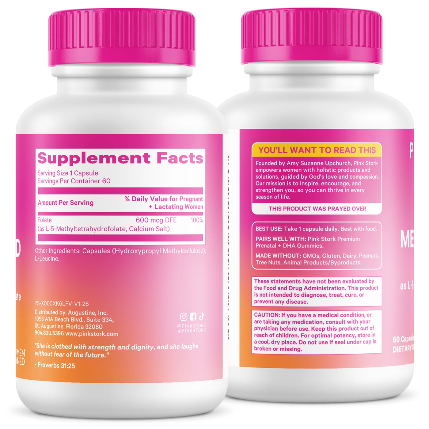 Two supplement bottles with pink caps and labels on a white background