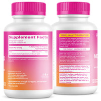 Two supplement bottles with pink caps and labels on a white background