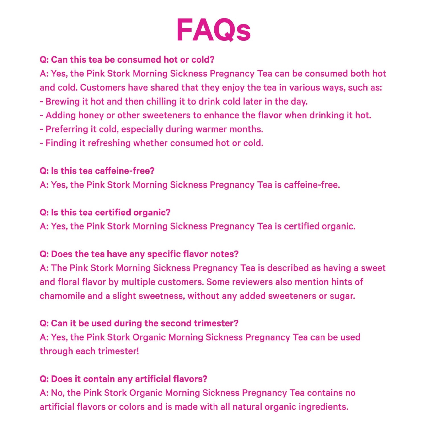 FAQs section about Pink Stork Morning Sickness Pregnancy Tea on a white background