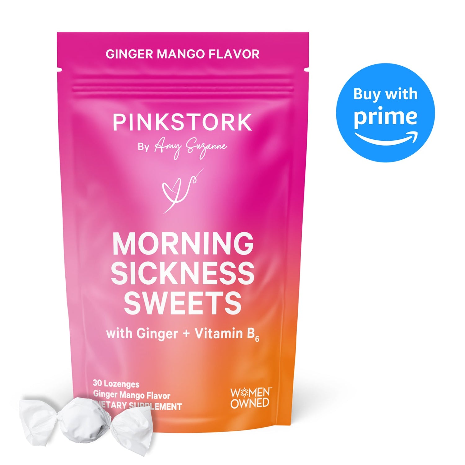 Pink Stork Morning Sickness Sweets package with ginger mango flavor on a white background