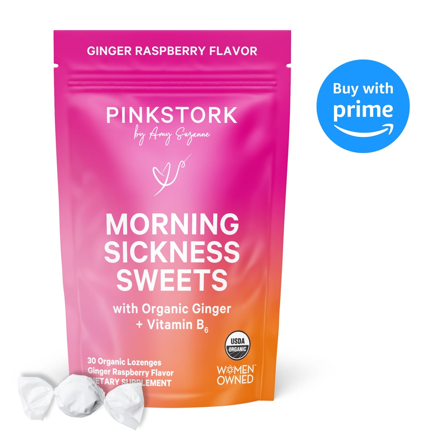 Pink Stork Morning Sickness Sweets package with lozenges on a white background