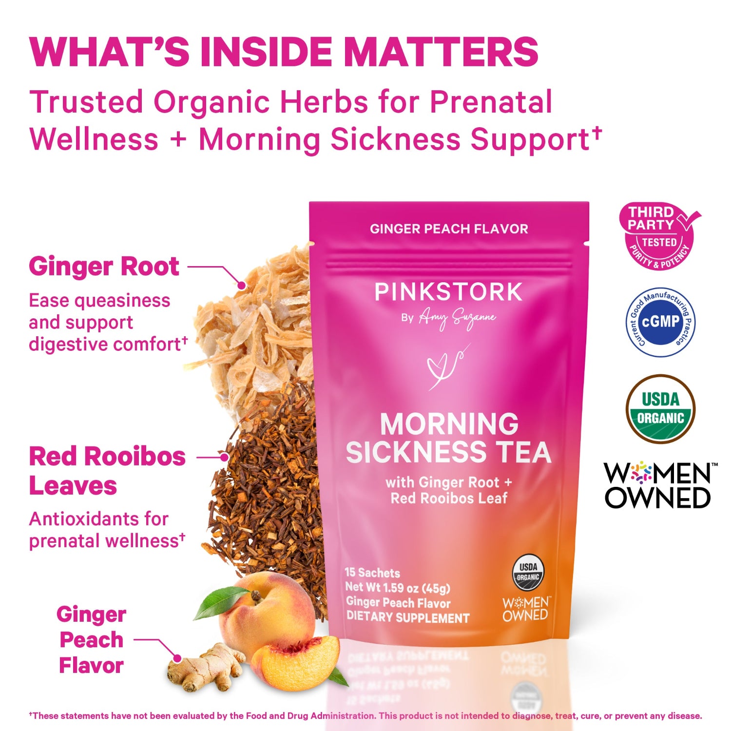 Pink Stork Morning Sickness Tea packaging with ingredients and branding details on a white background