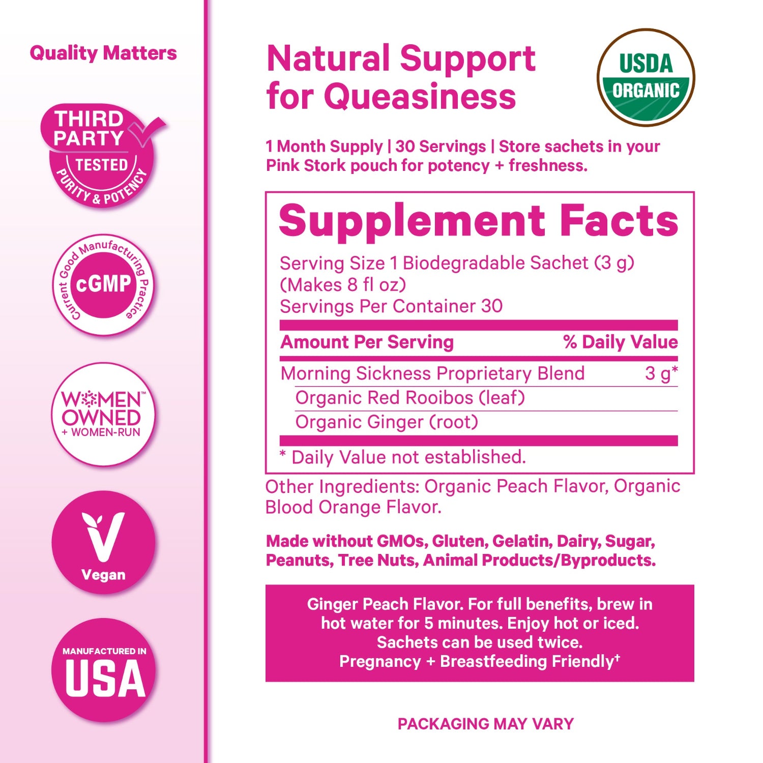 Supplement label for natural support with various certifications on a pink background