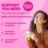 A smiling woman wearing glasses and holding a cup of tea. Support you need for symptoms of pregnancy. Contains herbs used for centuries for Occasional Morning Sickness, Digestive Wellness, and Antioxidant Benefits