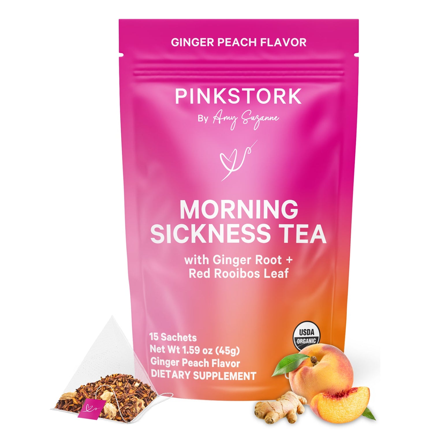 Pink Stork morning sickness tea package with ginger and peach elements on a white background