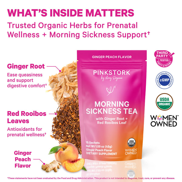 Pink Stork Morning Sickness Tea Pouch with ingredients and benefits