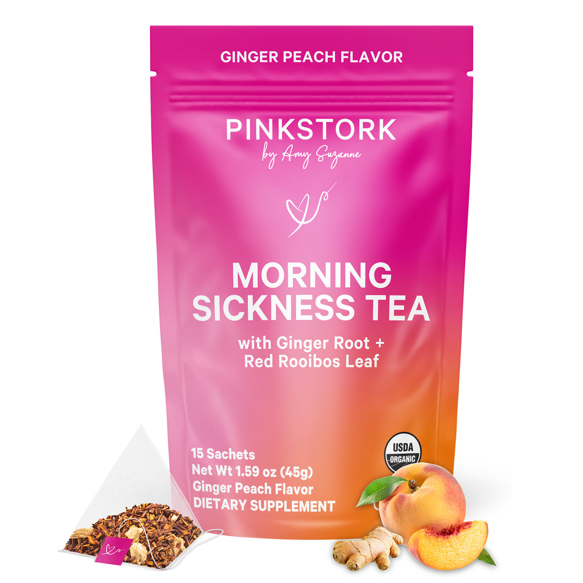 Pink Stork Morning Sickness Tea Pouch with tea sachet, ginger, and peach