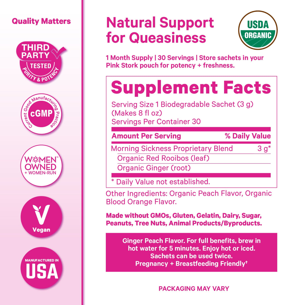 Pink Stork Morning Sickness Tea Supplement Facts Panel