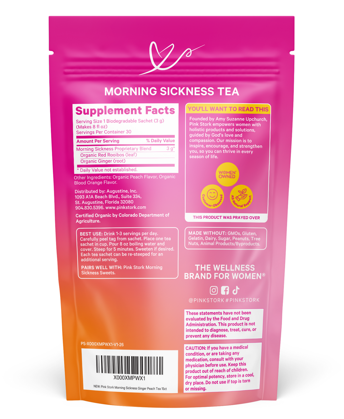 Pink Stork Morning Sickness Tea Pouch, information on back of pouch