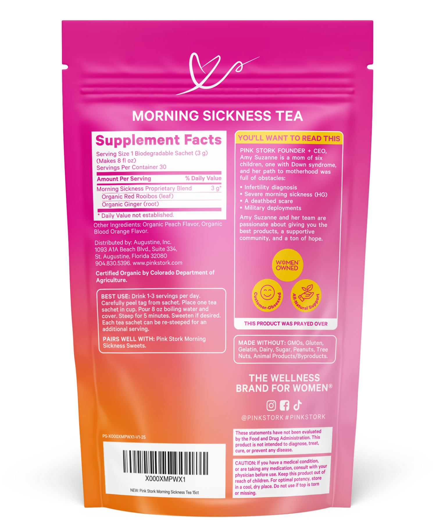Pink and orange package of morning sickness tea with supplement facts on a white background